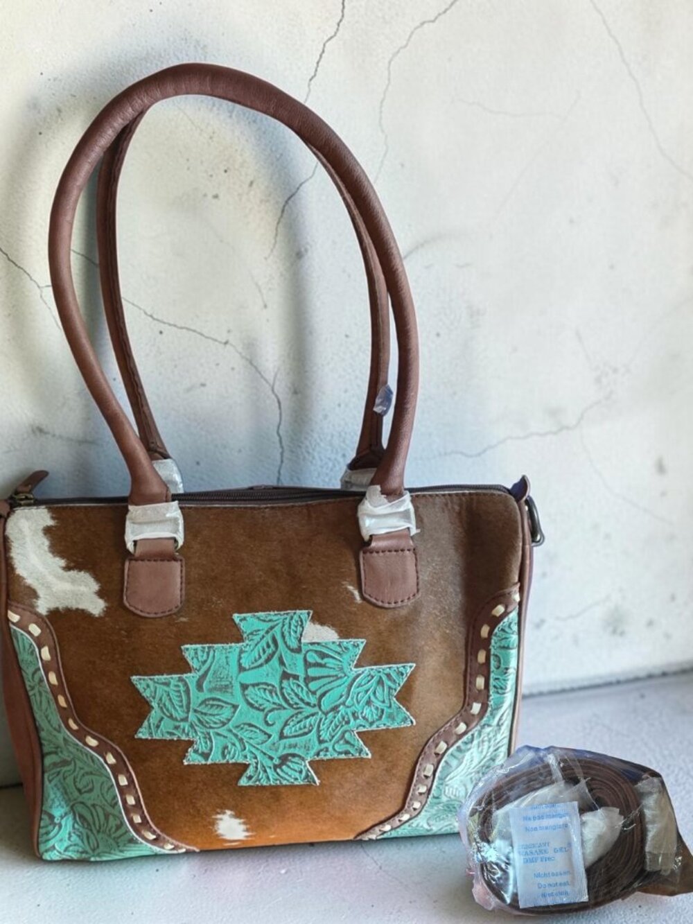 NWT OHLAY TOTE A Western-Style Handbag Embossed Turquoise Leather Hair On Leathe